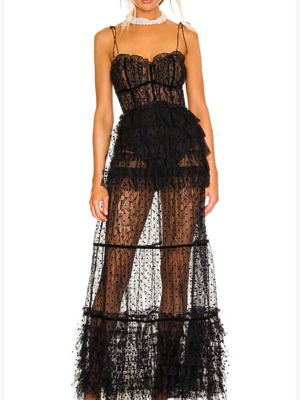 For Love & Lemons Black Sheer Lace Tiered Maxi Dress